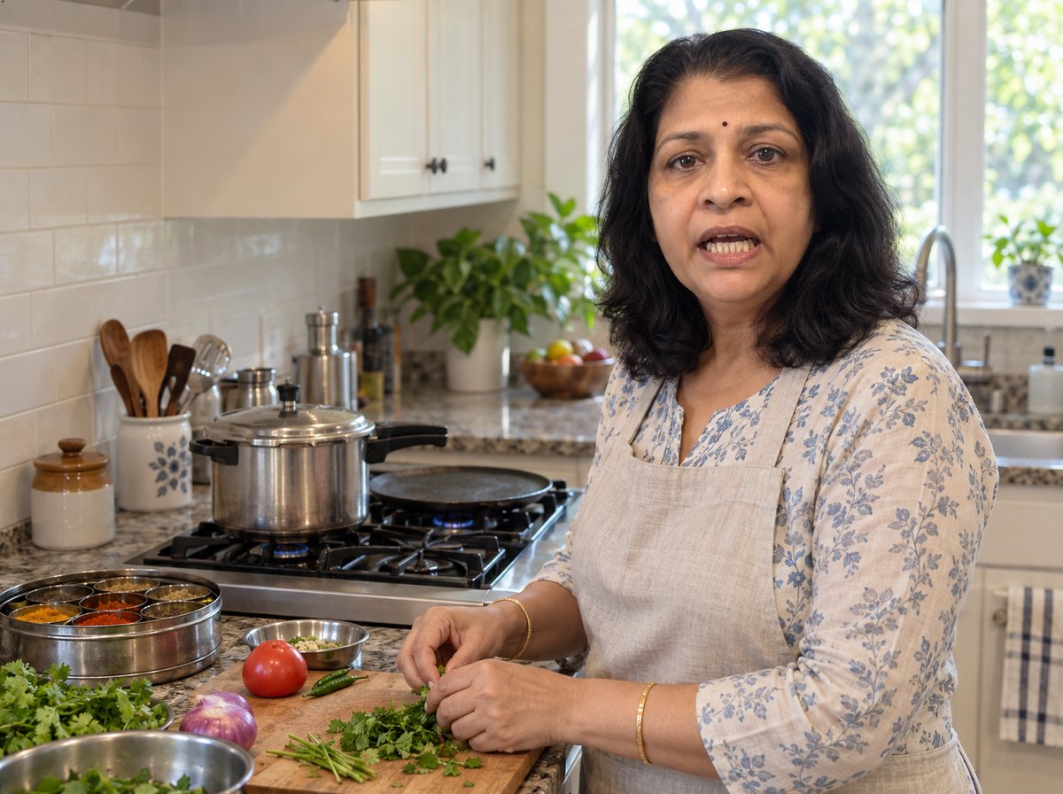 Asha Sharma in her kitchen with a steel spice tin and a cast-iron tawa