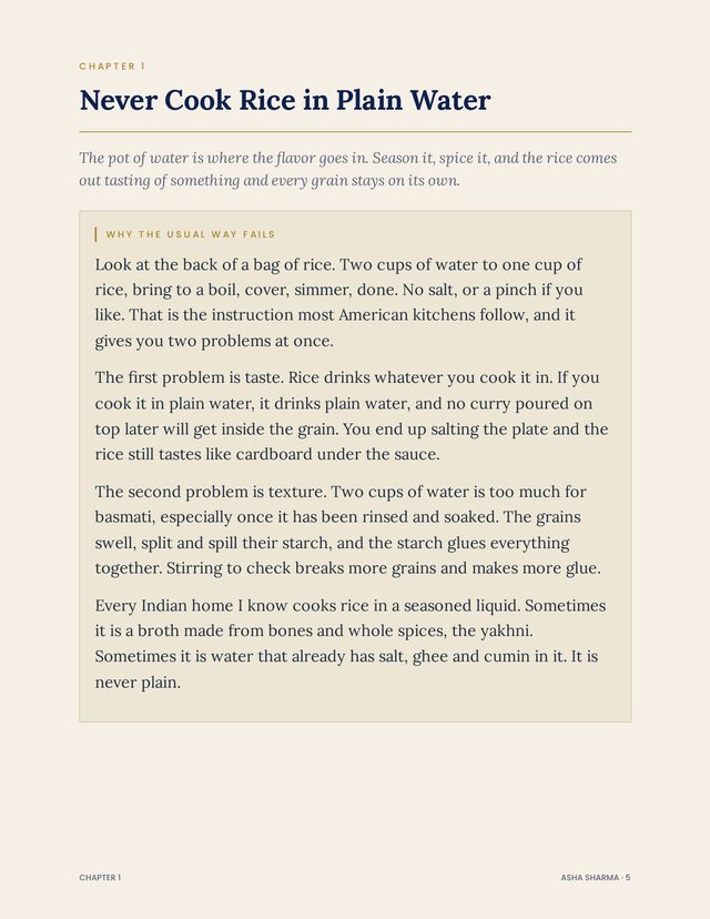 Chapter 1 opening page, Never Cook Rice in Plain Water