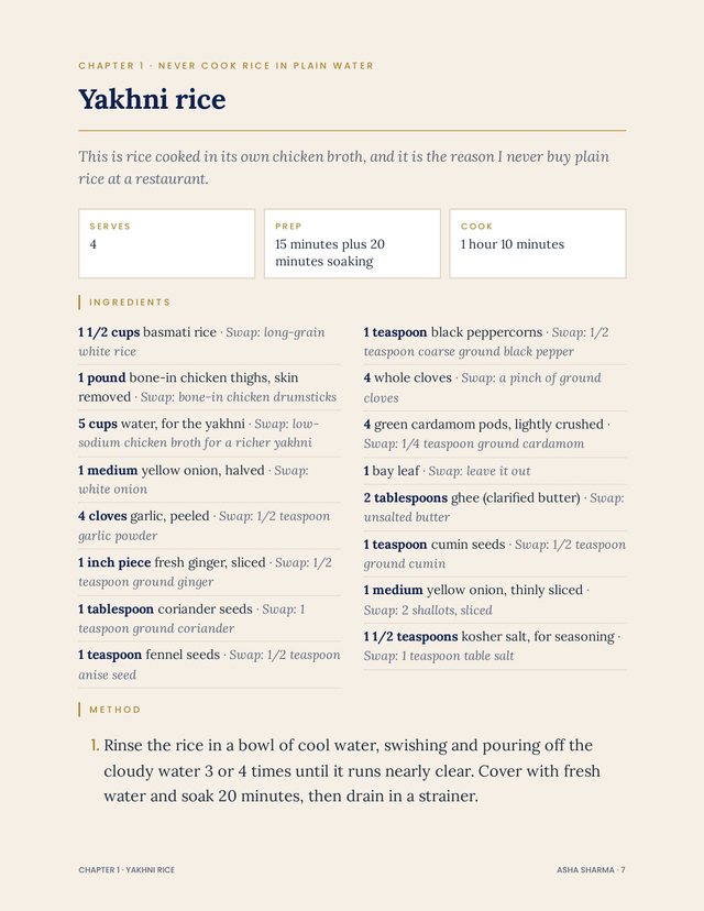 Yakhni rice recipe page with ingredients and swaps